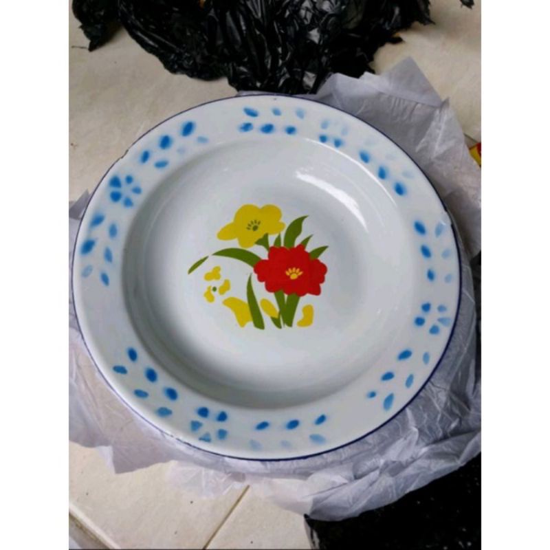 1 Lusin piring seng enamel motif bunga diameter 22 cm / piring makan jadul anti pecah / piring jadul