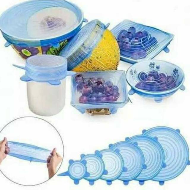 Bonus Spons Silicon TUTUP SILICONE WADAH multifungsi Flexible Isi 6pcs penutup mangkok penutup wadah penutup Toples