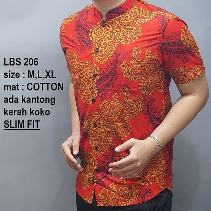 Promo KEMEJA BATIK PRIA SLIM FIT MERAH IMLEK BAJU IMLEK PRIA LBS206 Berkualitas