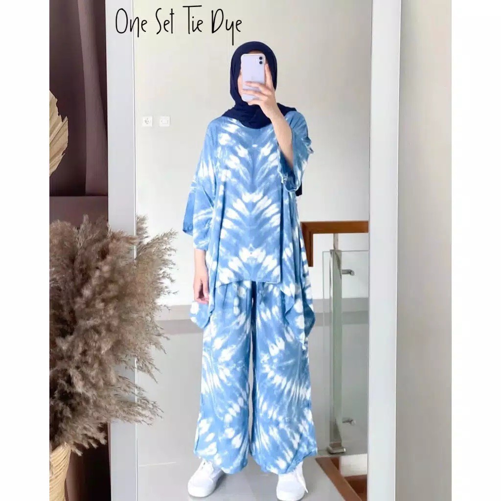 One Set Tie Dye Batik Zigzag Biru Setelan Shibori Daily Homeset Homewear Motif Hits Kekinian Gaul