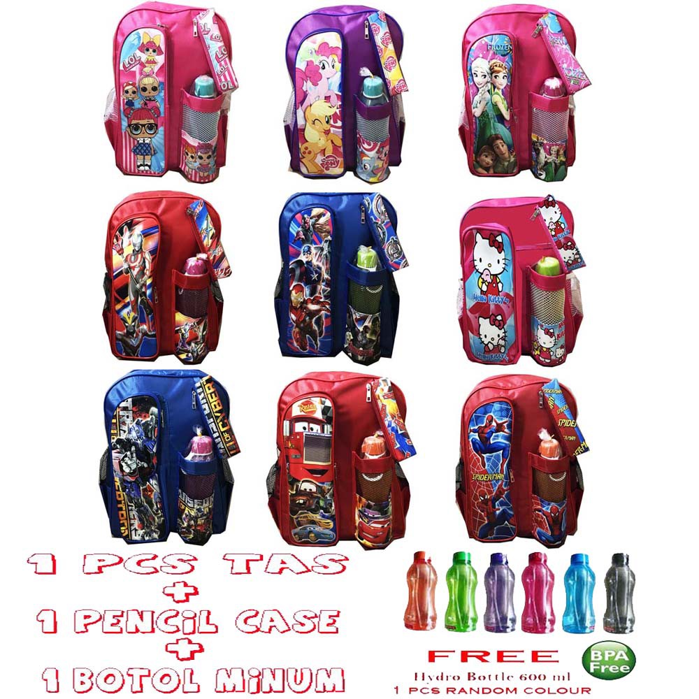 Sale Lebaran ~ Tas Ransel Anak Sekolah SD + Botol Minum + Kotak Pensil ANAK ANAK MOTIF Frozen Transformer Optimus Prime helo kity Spiderman Tas botol SD