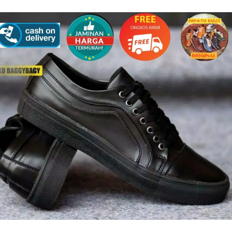 BOAS BLACK - Sepatu Sneakers Pria Casual Kasual Cowok Polos Bahan Kulit Faux Original