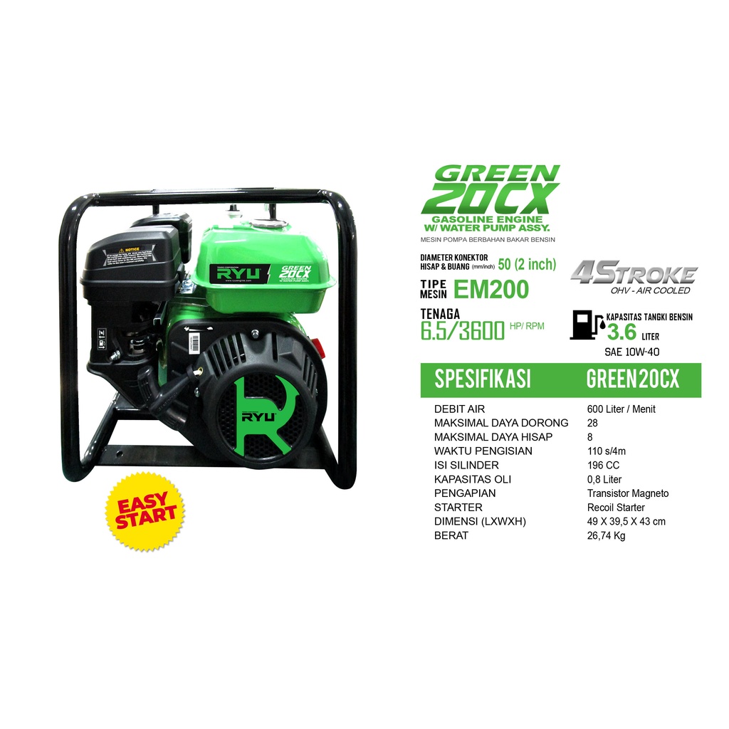 MESIN POMPA AIR/GASOLINE WATER PUMP GREEN20CX - TEKIRO RYU