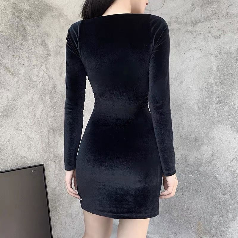 [Goth] Women Long Sleeve Velvet Bodycon Midi Dress 8643 (S/M/L)