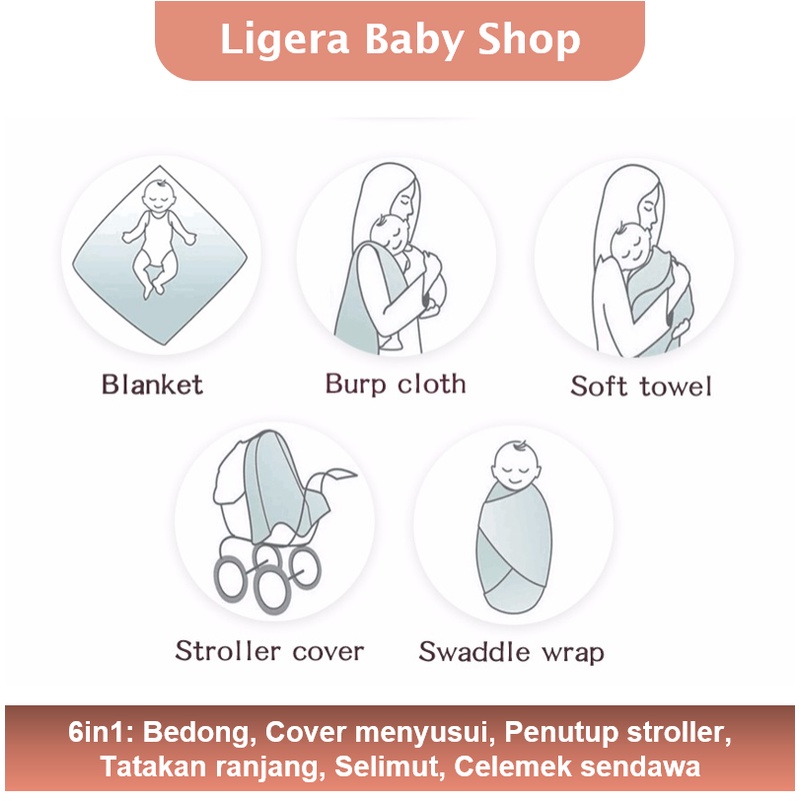 LIGERA Bamboo Muslin Swaddle Bedong Selimut Kain Bayi Lembut  Tidak Panas Premium - Pilih Motif