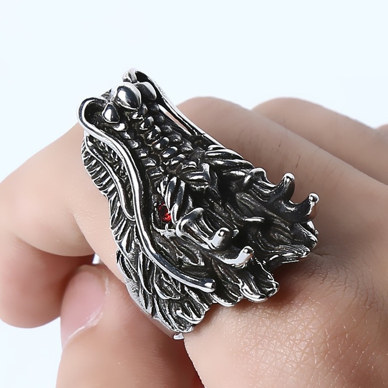 Cincin Desain Kepala Naga Warna Silver Abu-Abu Untuk Pria