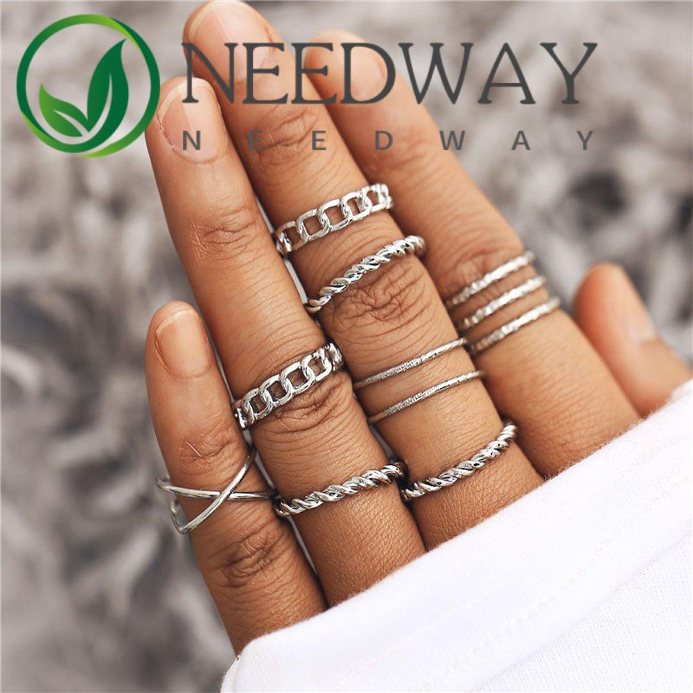 Needway  Female Punk Twisted Vintage Gold Sliver Color Finger Rings Set