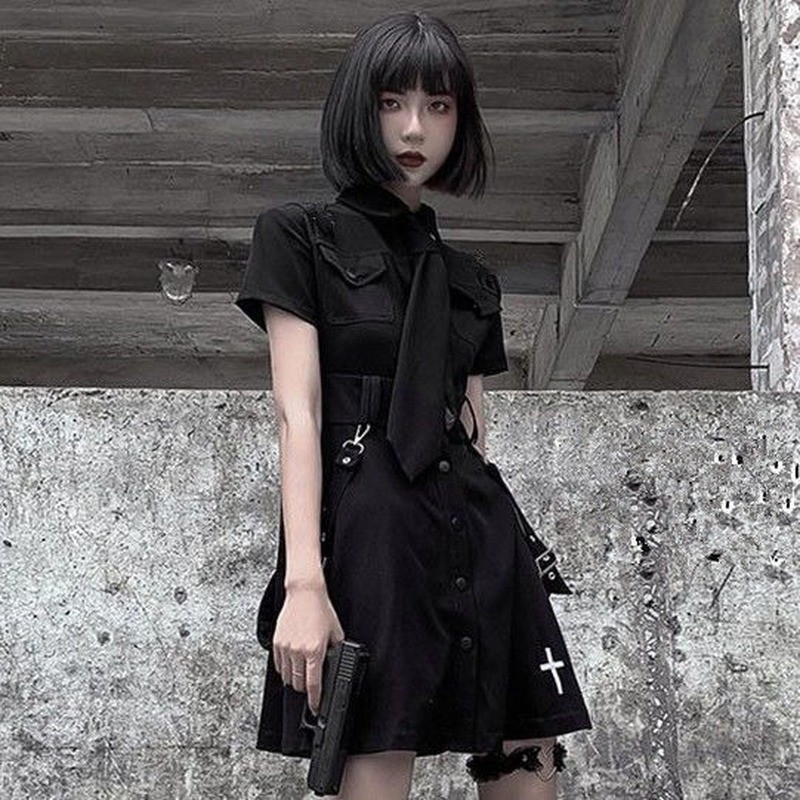 QWEEK Goth Dress Punk Gothic Harajuku Summer Black Mini Dress Shirt Women