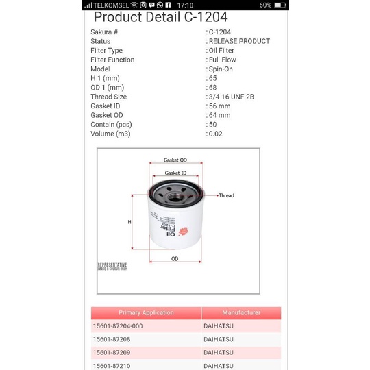 Filter oli Suzuki APV C-1204 Sakura " 14996 "
