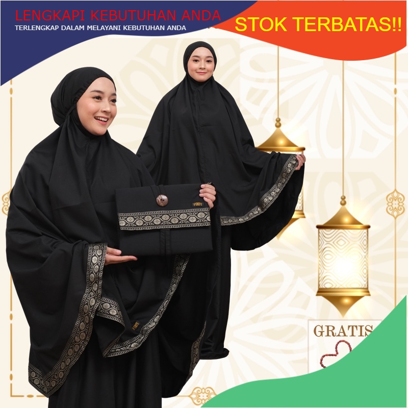 RAMADHAN BIG SALE GAJIAN / Mukena Katun Polos Dewasa Warna Hitam Mukenah Bordir Mewah Tali Ikat Gold