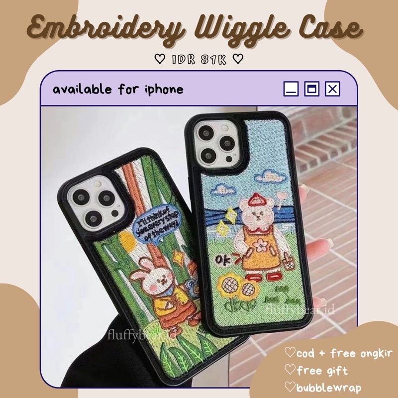 EMBROIDERY WIGGLE CASE MOTIF KARTUN BERUANG KELINCI/WIGGLE CASE IPHONE/PINTEREST CASE/AESTHETIC CASE