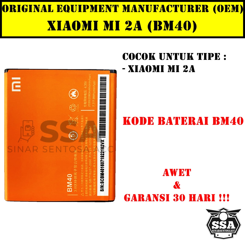 Baterai Xiaomi Mi 2a BM40 Mi2a Xiaomi2A Redmi BM 40 Original OEM Batu Batere Batre Battery Batrai Batrei ori hp Xiao Mi Garansi