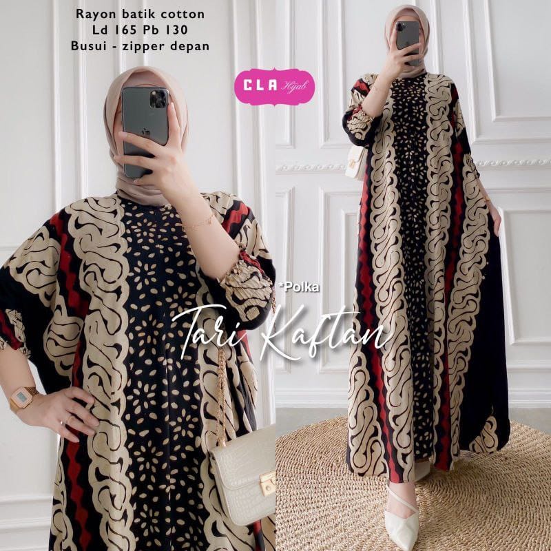 Batik A W - Kaftan Cap Encim Motif Sogan Super Jumbo LD 150 Black Color Busui Resleting Lengan 7/8 Gamis Rayon Kaftan Jumbo