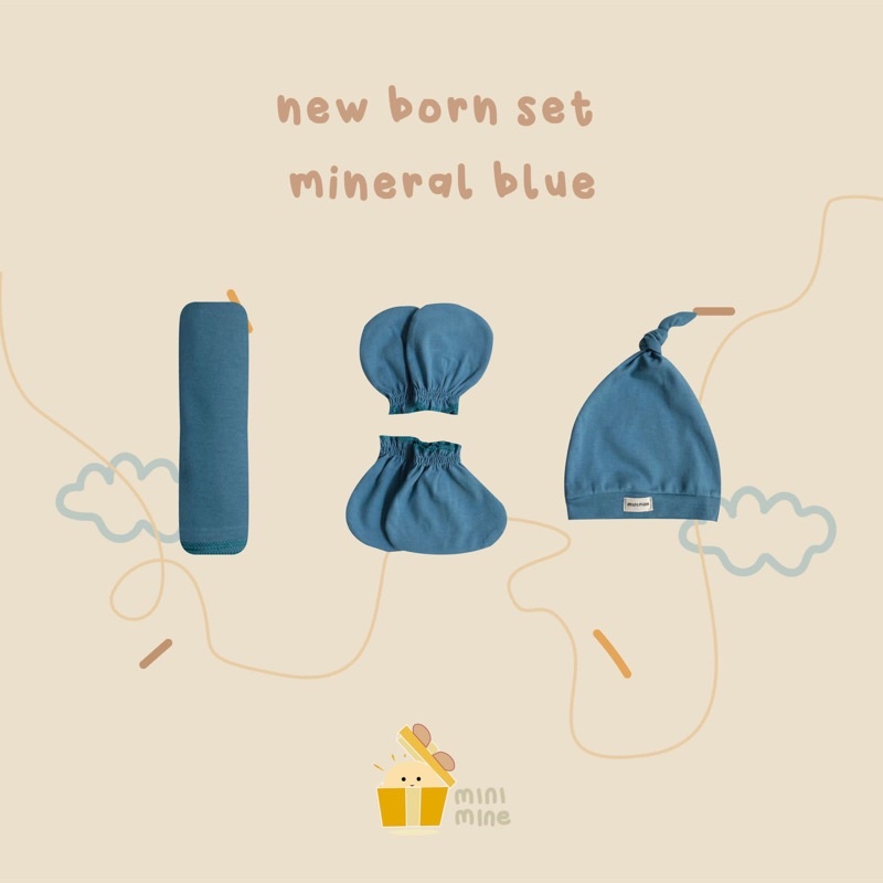 Minimine - New Born Set New Color ( Swaddle + Knot Hat + Mitten and Botties ) berisi bedong, topi, dan sarung tangan dan kaki bayi baru lahir-MINERAL BLUE