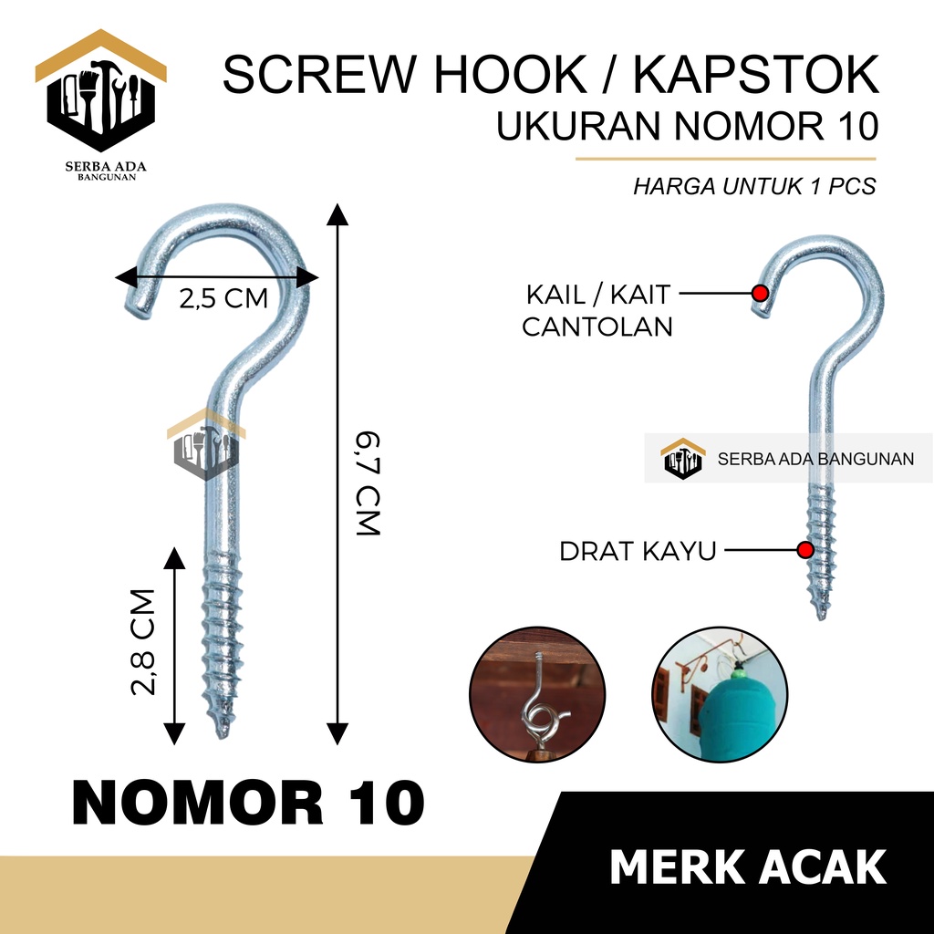 1 PCS Kapstok Buka No. 10 | Baut Gantung Besi | Gantungan Burung | Hook Skrup Ecer