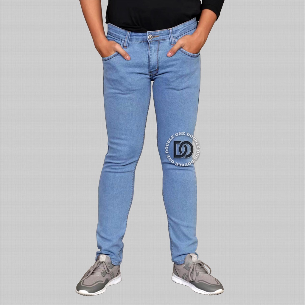 DOUBLE ONE Celana Jeans Panjang Pria Slim Fit Original FIFTEEN DENIM Biru Muda