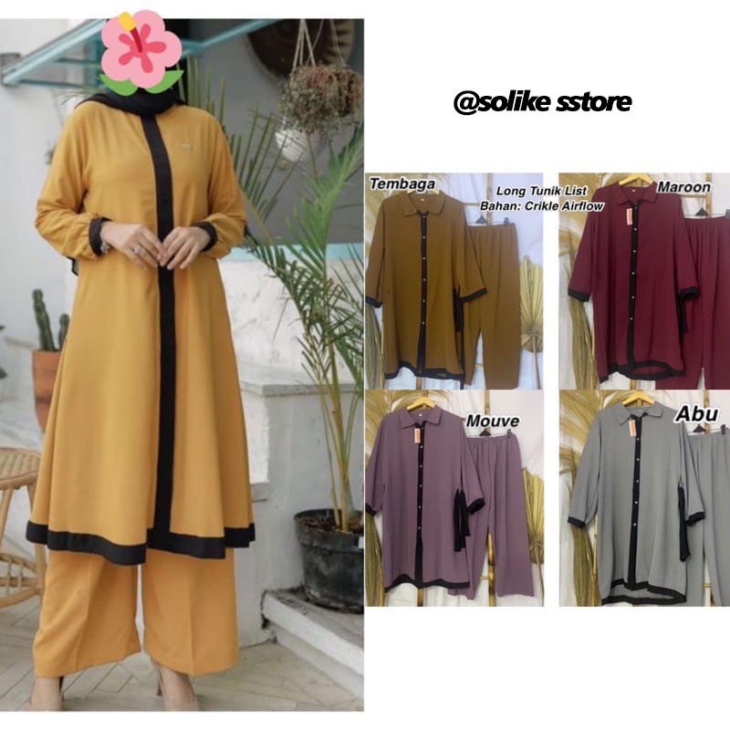 KIMONO Set Crinkle Airflow LIST HITAM KOMBINASI  Ld 110  - Setelan long tunik polos / One set polos 