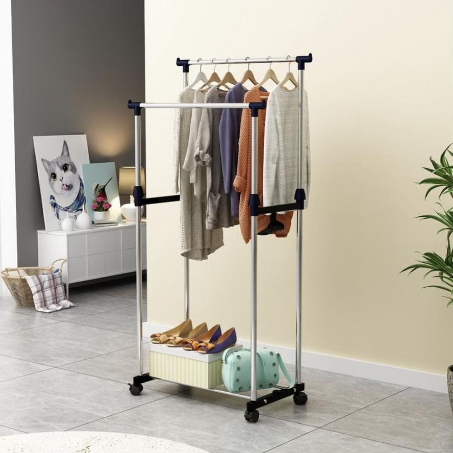 Kuke Stand Hanger Double / Rak Hanger Double / Rak Gantungan Baju / Rak Serbaguna Dengan 4 Roda