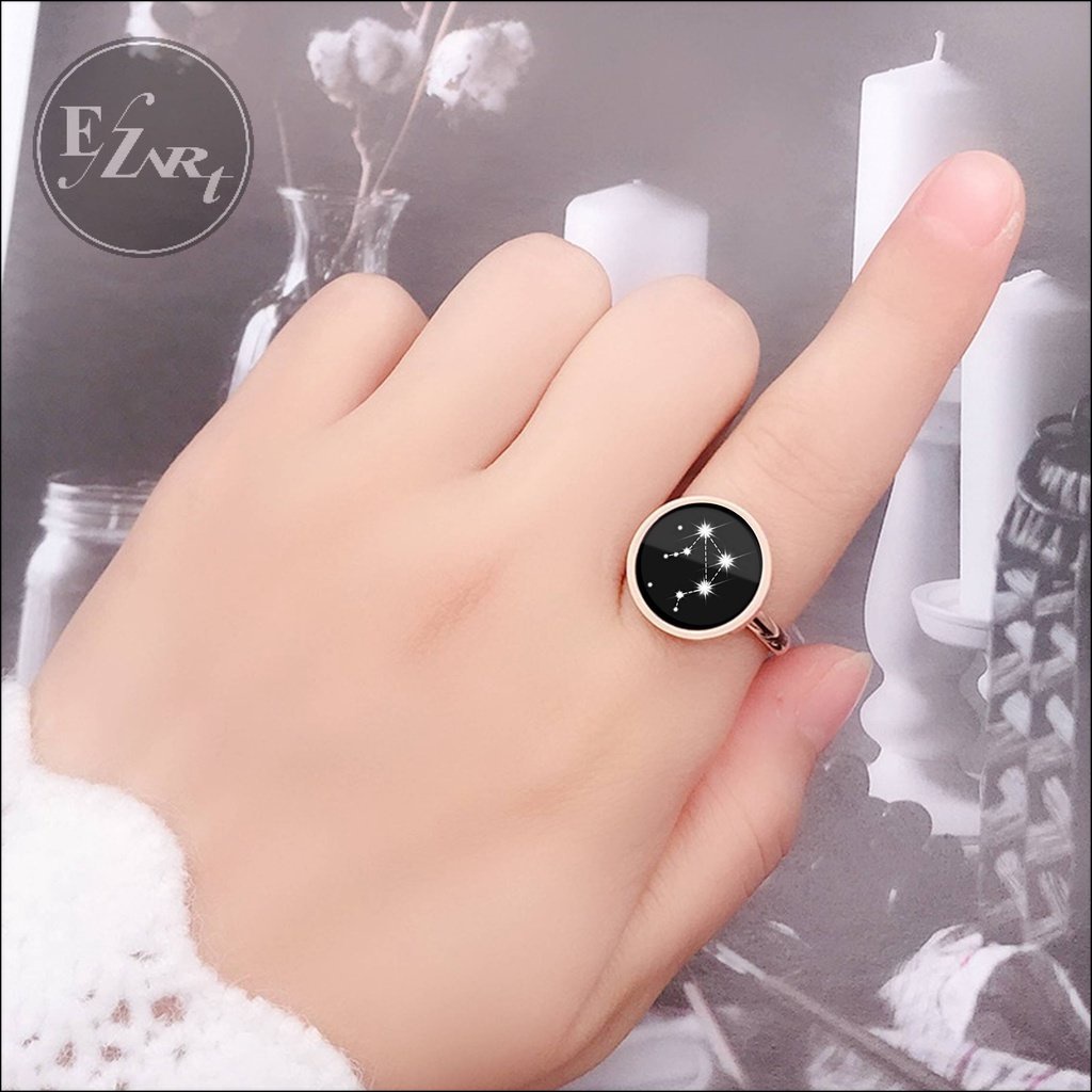 CINCIN KONSTELASI RASI BINTANG ZODIAK ROSE GOLD BULAT HITAM WANITA SIMPLE TITANIUM STEEL