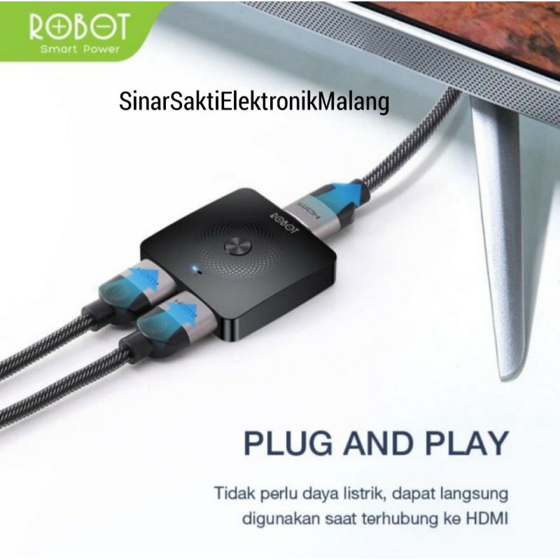 Robot HDMI Splitter &amp; Switch 2 in 1 port 4k Pembagi Cabang Layar 2in1