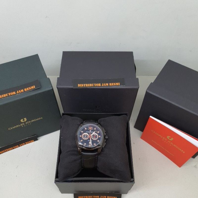 Jam Tangan Pria Charles Jourdan CJ1010-1733C All Black Leather Cronograph