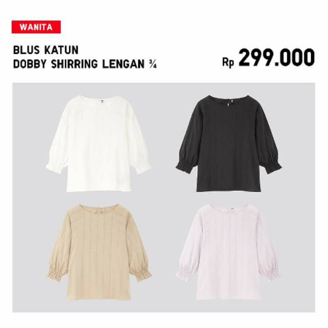 BLUS KATUN DOBBY SHIRRING LENGAN 3/4 UNIQLO BLACK SIZE M