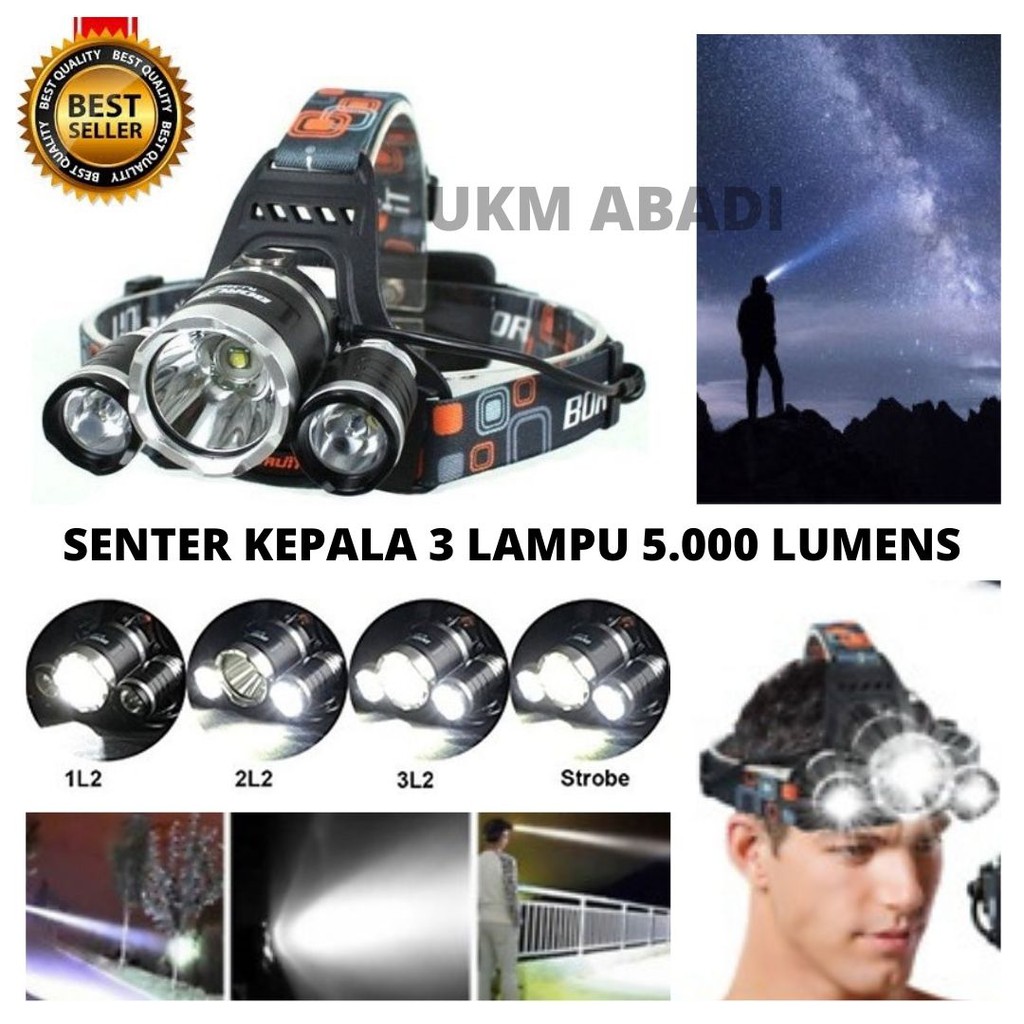 Headlamp 3 Light Lampu Senter Kepala 5.000 Lumens USB Charge 111107