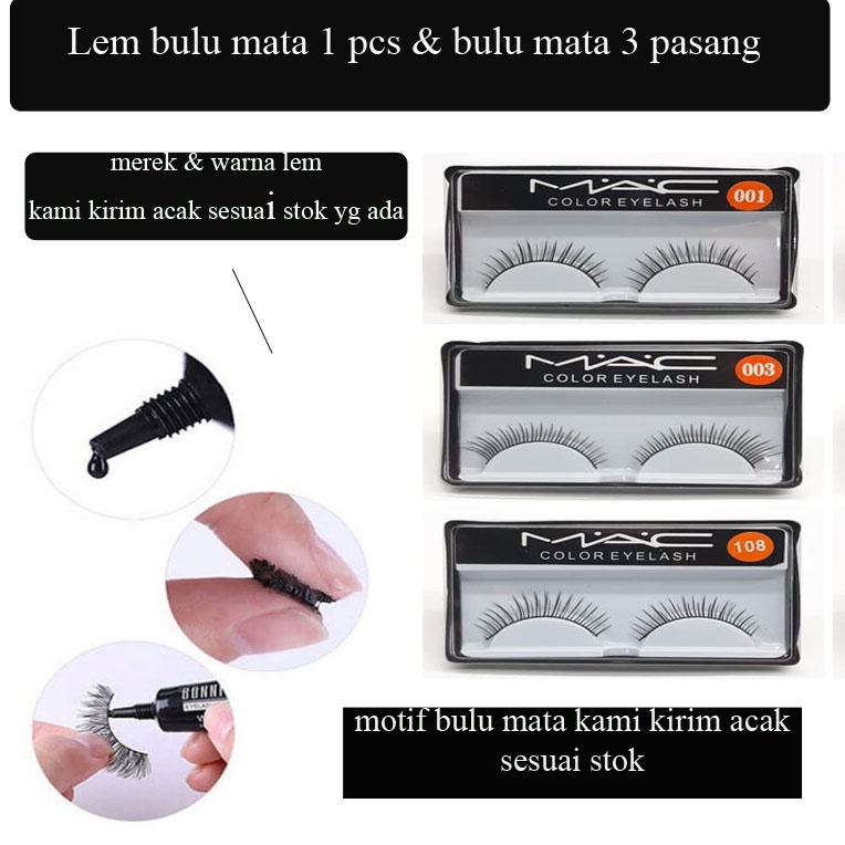 [Paket Murah] Paket 3pcs Bulu Mata Palsu Import + Lem Bulu Mata- Random ( Acak)