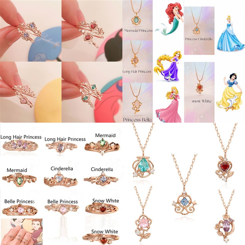 Set Perhiasan Cincin Kalung 925 Silver Batu Mahkota Princess Disney 18K Rose Gold Model Terbuka Dapat Disesuaikan