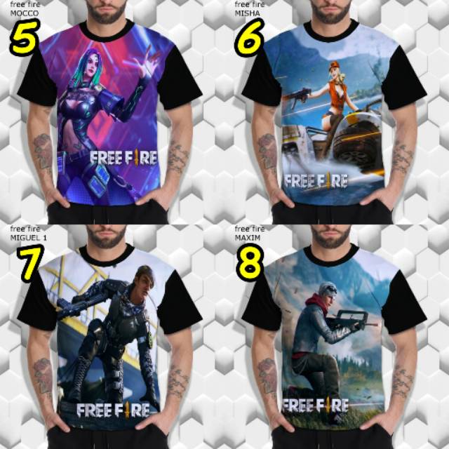 Kaos 3D Pria Kaos Game Kaos Free Fire Mocco Misha Miguel Maxim Terlaris