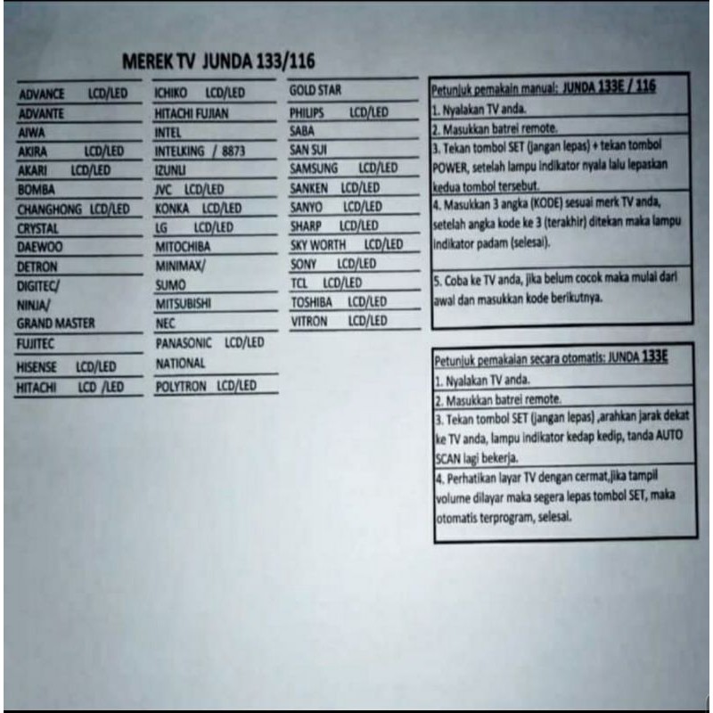 Remote TV Universal Junda 133 / Remot TV Multi Universal Serbaguna