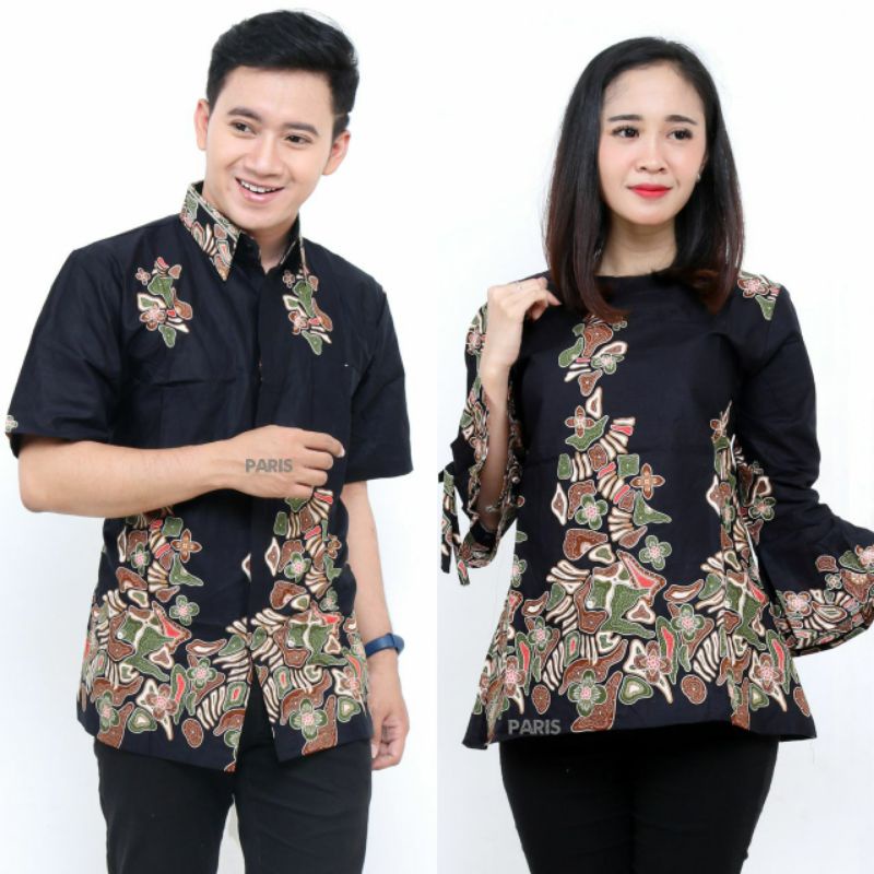 BATIK COUPLE ATASAN KEMEJA BLOUSE WARNA HITAM MOTIF BUNGA BATIK SARIMBIT PREMIUM UNGGUL JAYA