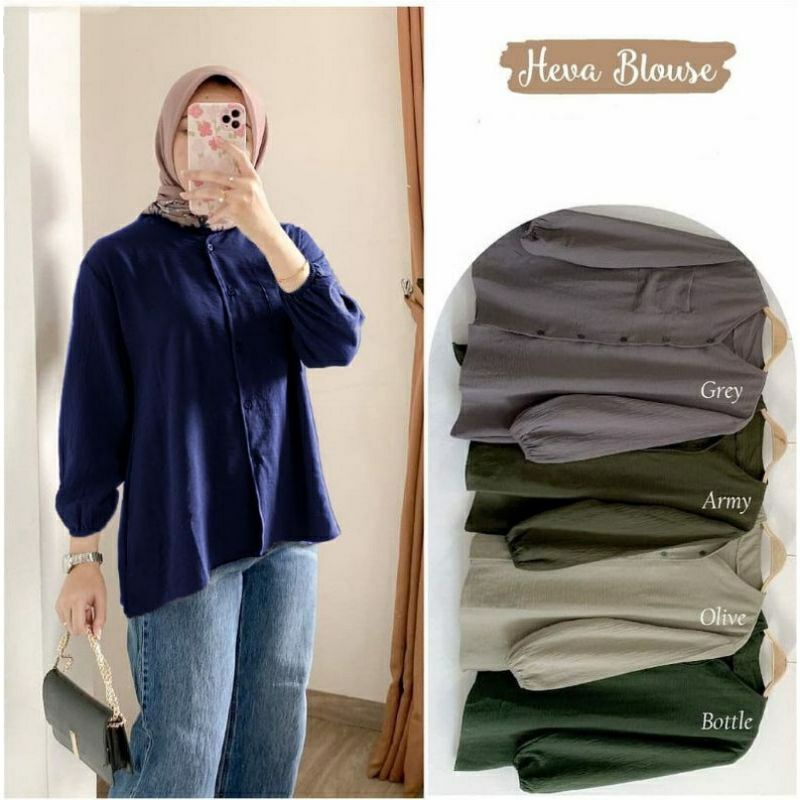 Kemeja Heva Blouse Crinkle Airflow / Blouse Wanita Lengan Panjang / Kemeja Wanita Polos / Kemeja Blouse Atasan Wanita