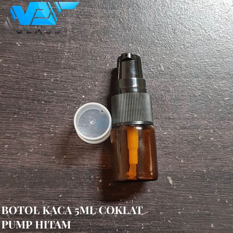 botol kaca 5ml coklat amber pump hitam / botol kaca 5ml tutup pump treatment