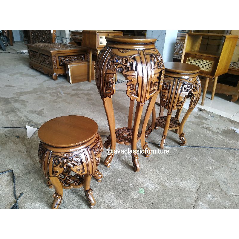 1 SET POT CUMI ISI 3PCS NAKAS CINA KECIL UKIR MEJA TEMPAT AQUA DEKORASI PAJANGAN RUANGAN FINISHING NATURAL BAHAN KAYU JATI FURNITURE JEPARA-1