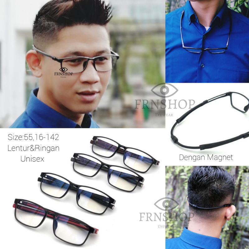 Kacamata Sport Kotak Tangkai magnet Lentur Tr90 silicone Bisa Minus Antiradiasi Blueray Photocromic 