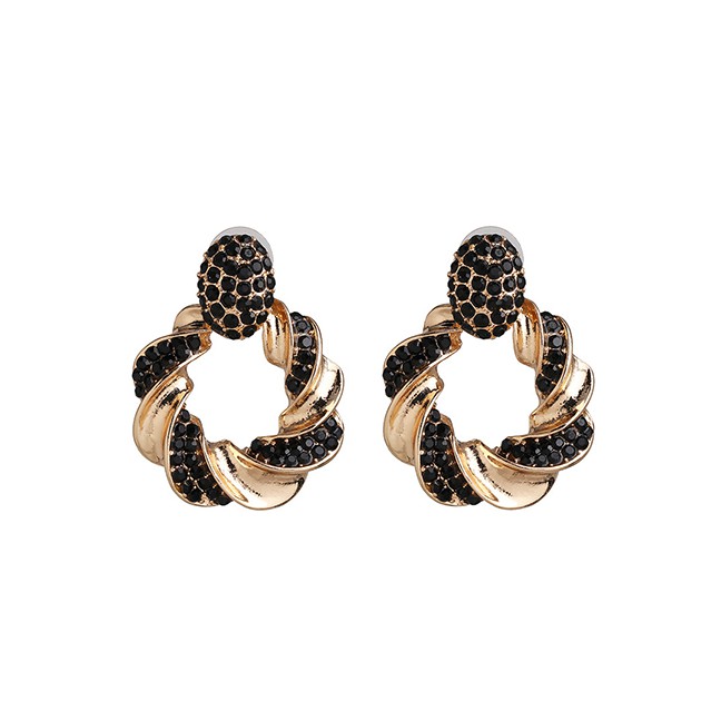 LRC Anting tusuk Fashion Black Coarse Circle Button Twist Earrings With Diamonds D80043