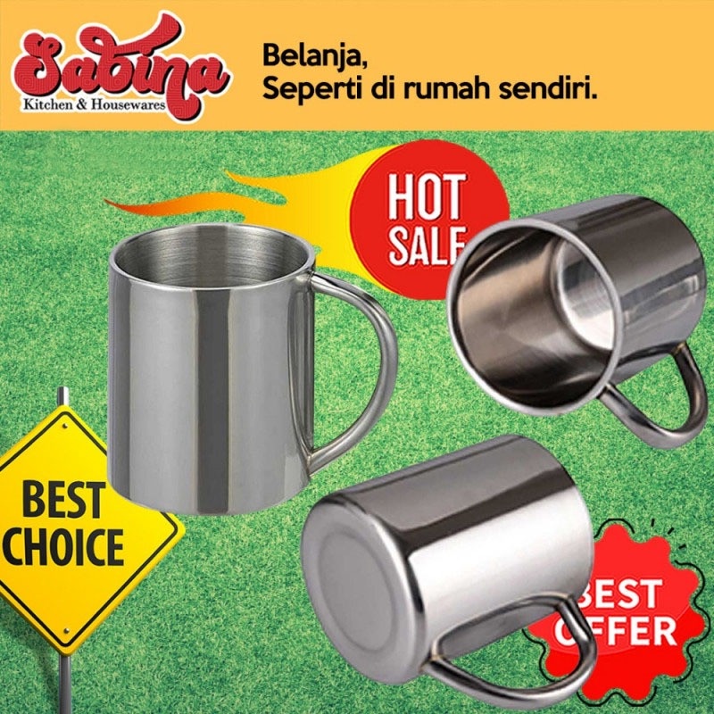 Gelas Stainless Cangkir Mug Tebal Kopi Teh Minuman 320ml Handle