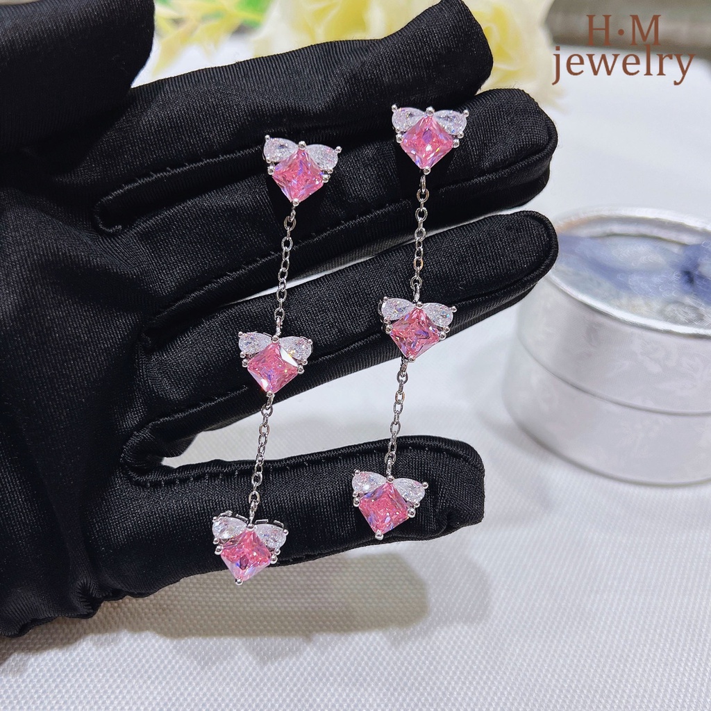 Set Anting Dan Kalung Panjang Bentuk Hati Aksen Berlian Warna Pink