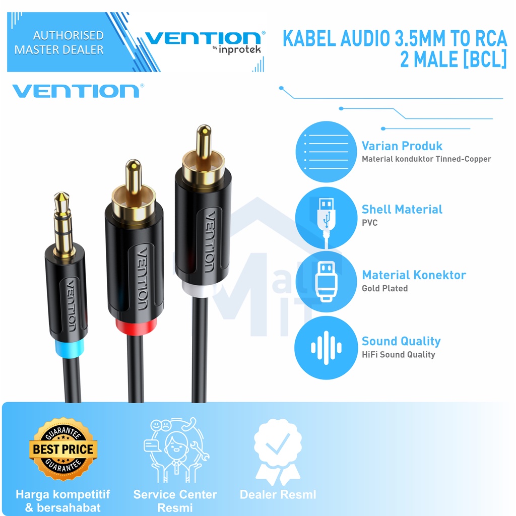 ( Bisa COD ) Vention Kabel Audio 3.5mm to RCA 2 Male for Audio Speaker Mixer BCL