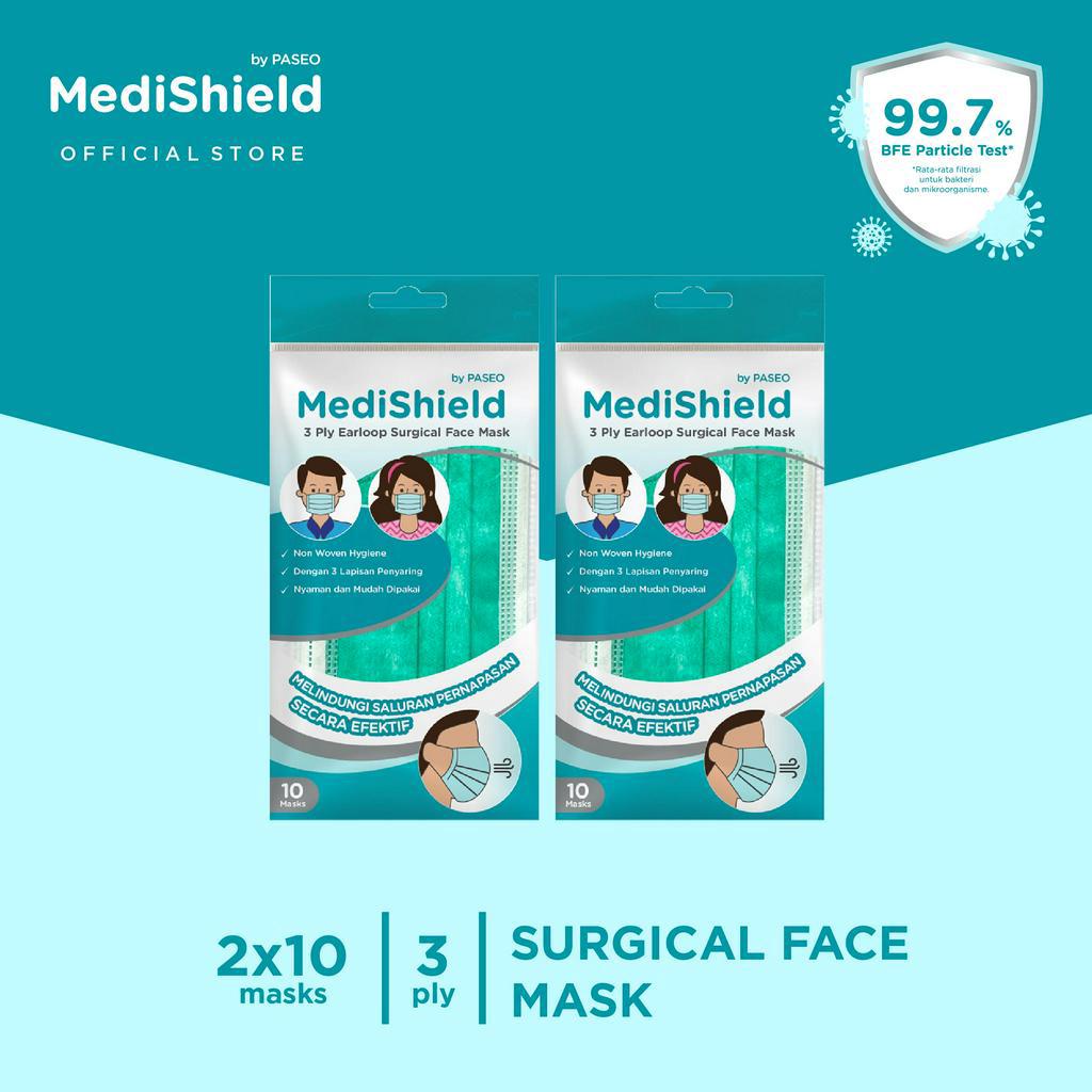 Medishield by Paseo Masker Surgical Earloop 3Ply Sachet isi 10 / Sachets x 2 Packs