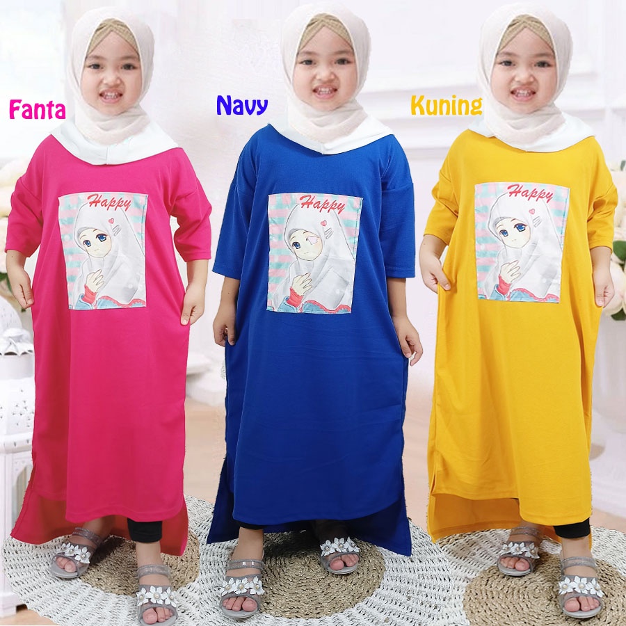 DRESS ANAK LONG TUNIK OVERSIZE HAPPY KIDS MURAH CANTIK MUSLIMAH PEREMPUAN 2-13tahun CARLINA