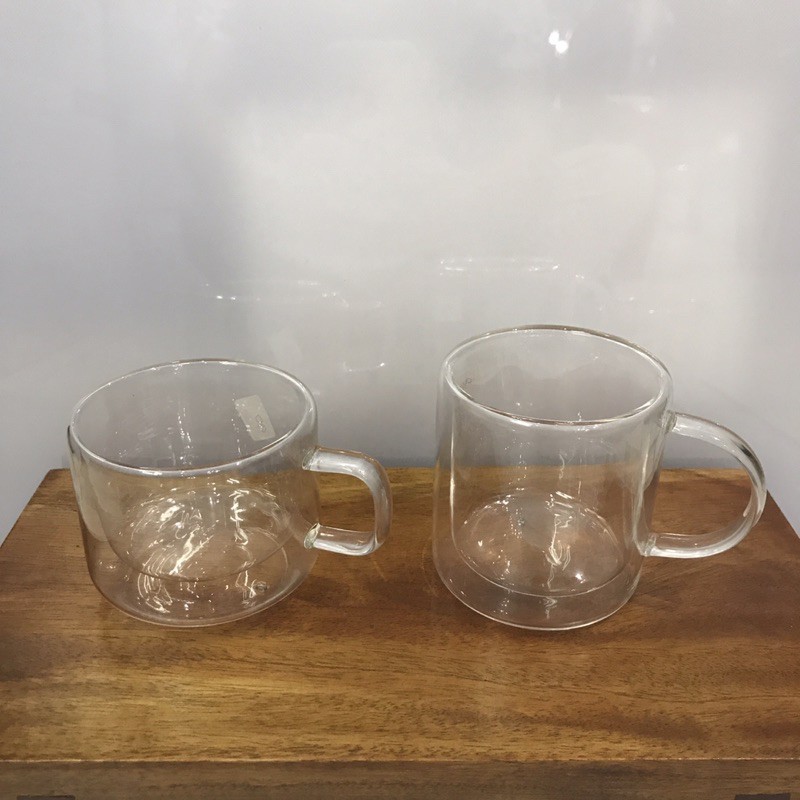 mug gelas cangkir cup gagang double wall kaca bening