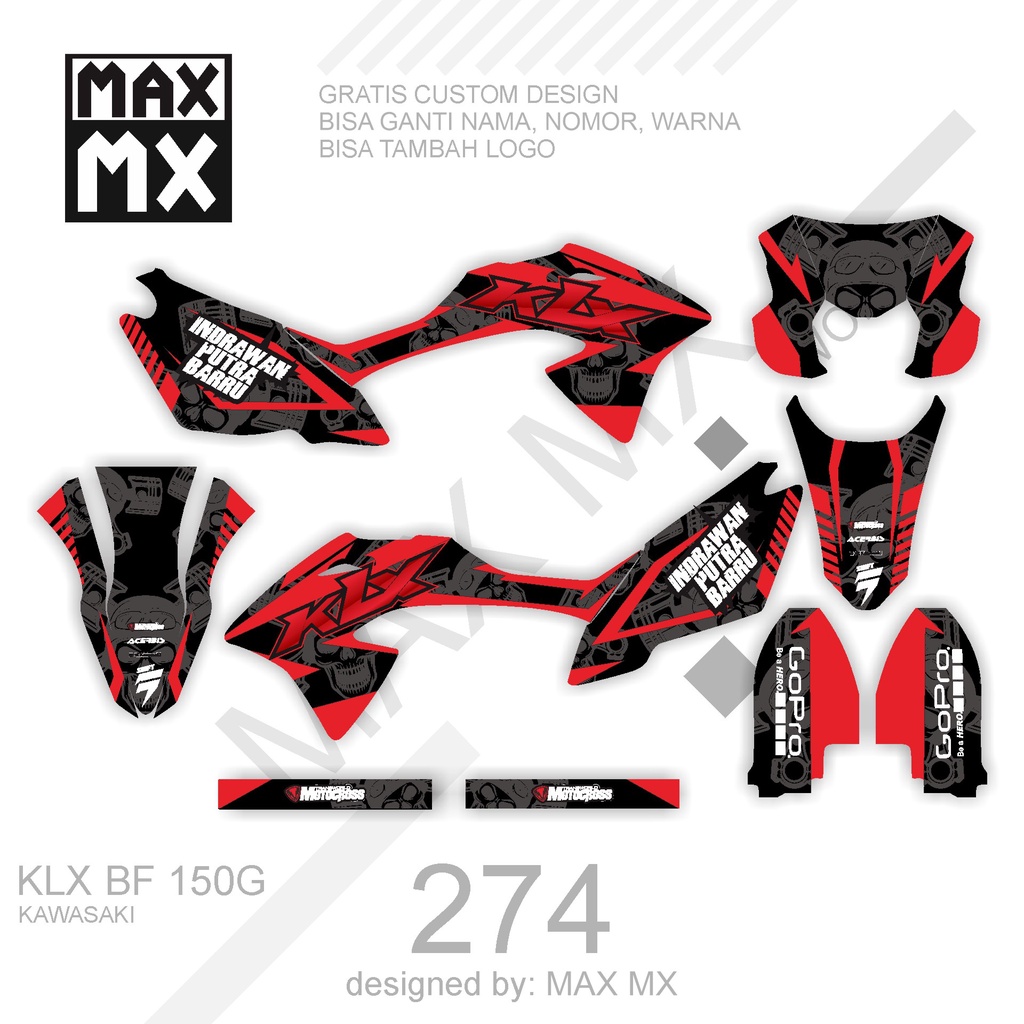 DECAL STIKER MOTOR KLX BF 150 G MOTIF MERAH TENGKORAK PISTON