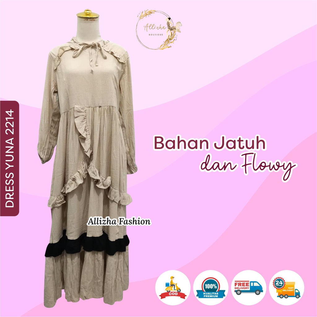 Pakaian Perempuan Dress Yuna 2214 Baju Muslim Wanita Bahan Cotton Import Kekinian By Allizha Fashion