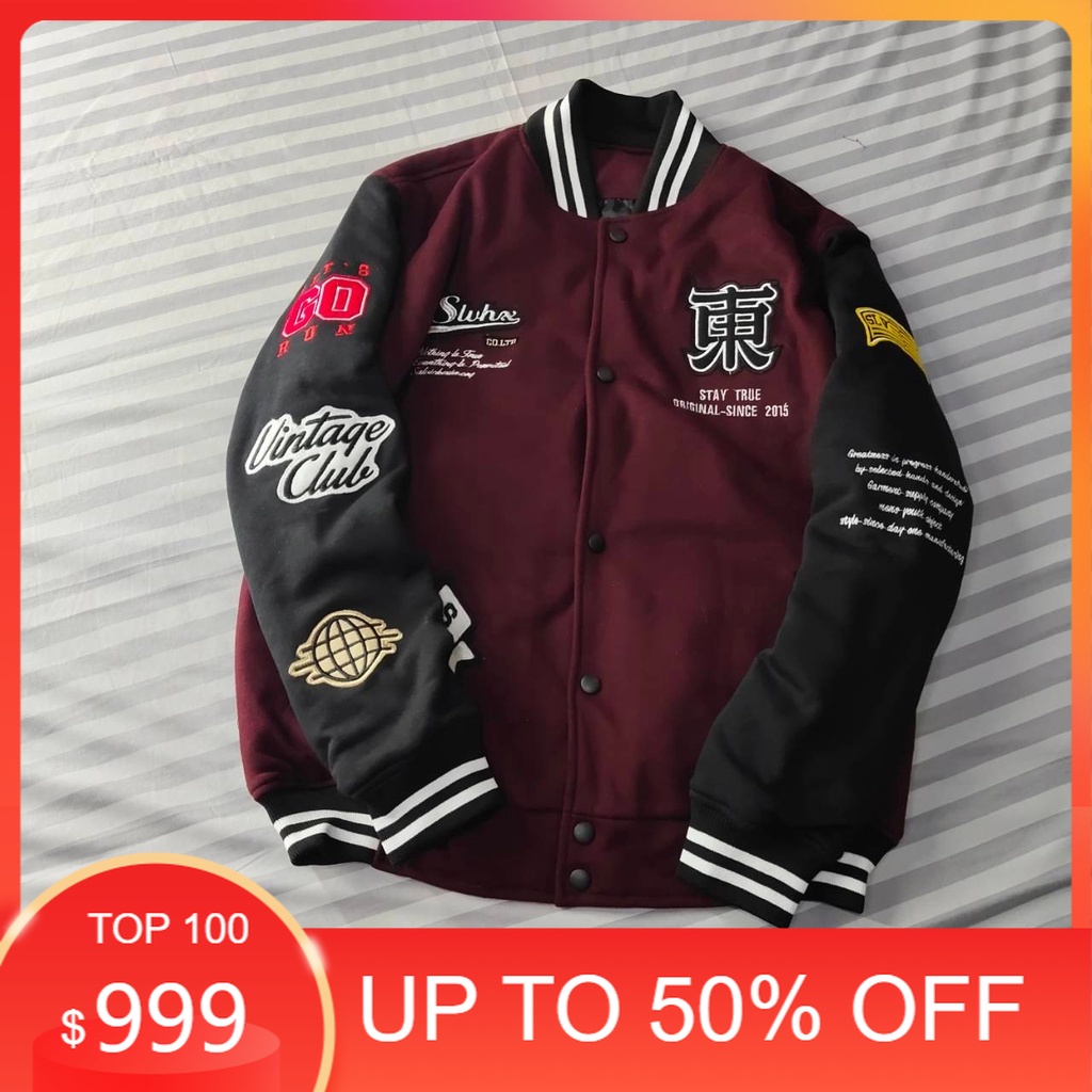 JAKET PRIA - JACKET VARSITY - KANJI  MAROON HITAM - SALVIO HEXIA - JAKET VARSITY - JAKET BASEBALL VA