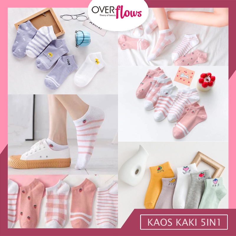 OVERFLOWS.ID  5PCS Kaos Kaki Wanita Ala Korea Ankle Socks 5in1 Banyak Motif Cute Lucu Keren