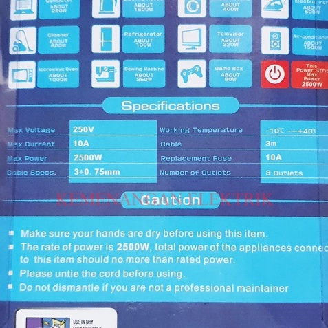 POWERSTAR STOP KONTAK 3 LUBANG + SAKLAR / COLOKAN LISTRIK KABEL 3 METER 3M POWER STAR / STOPKONTAK MASING MASING SWITCH 3 LOBANG 3METER 3 M