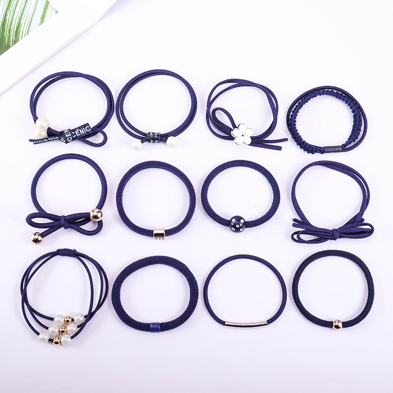 Ikat Rambut Karet Simple Wanita Gaya Korea 12 in 1 Aksesoris Rambut Wanita-Biru Tua