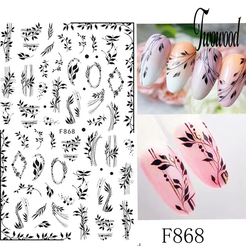 Twowood Stiker Kuku Motif Bunga / Kupu-Kupu Hitam Putih Untuk Nail Art / Manicure DIY Butterfly